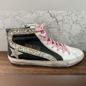 Golden Goose Black & White Glitter Flash Slide High-Top Sneakers